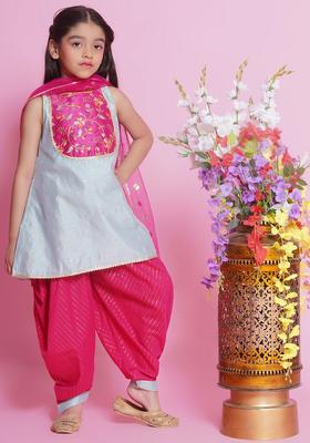 Green Embroidered Silk Kurta Set For Girls
