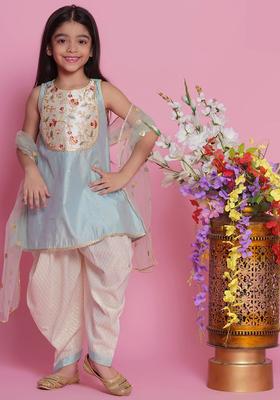 Blue Embroidered Silk Kurta Set For Girls