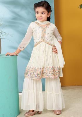Cream Embroidered Georgette Kurta Set For Girls