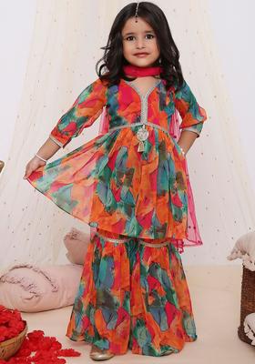 Orange Printed Georgette Kurta Set For Girls