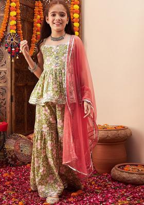 Green Printed Cotton Kurta Set For Girls