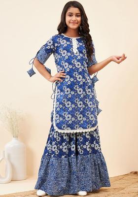 Navy Blue Printed Cotton Kurta Set For Girls