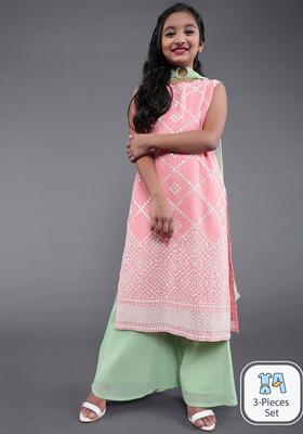 Pink Embroidered Georgette Kurta Set For Girls