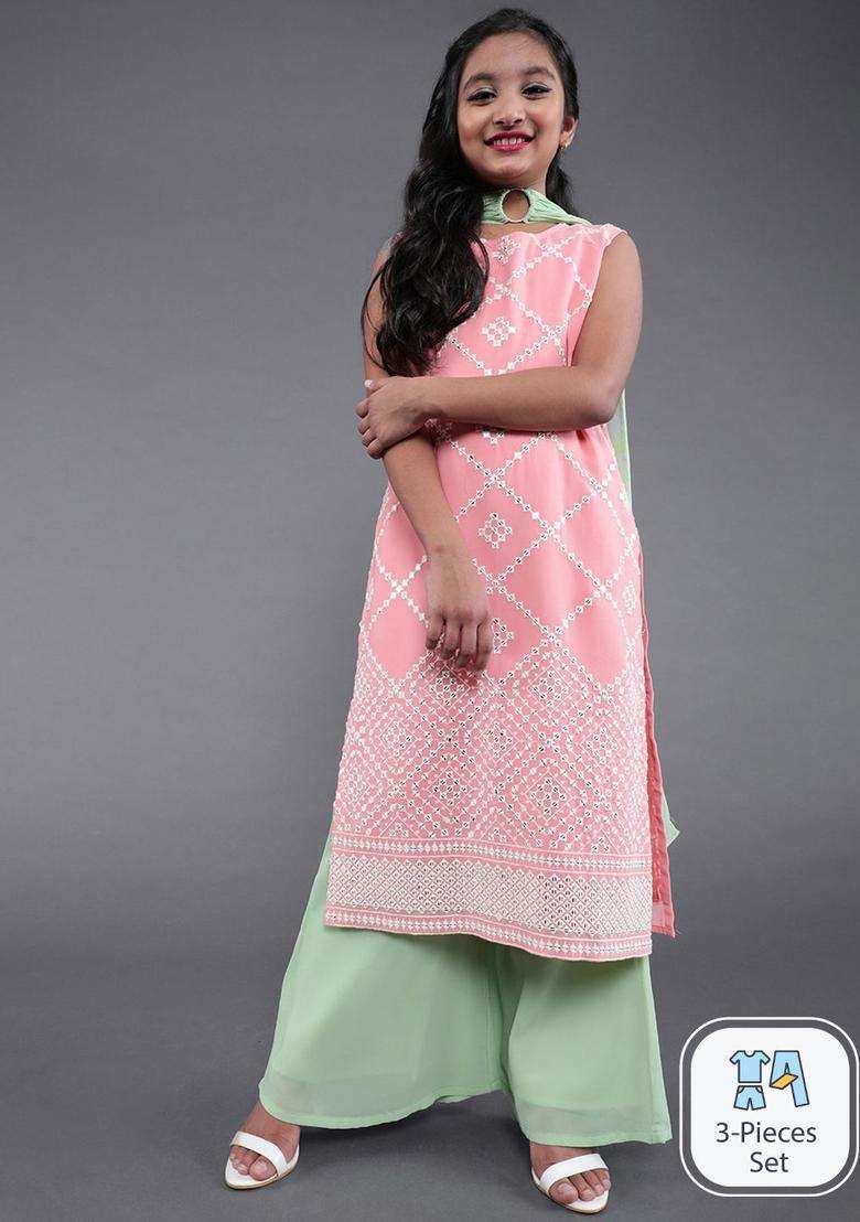 Pink Embroidered Georgette Kurta Set For Girls - Indya