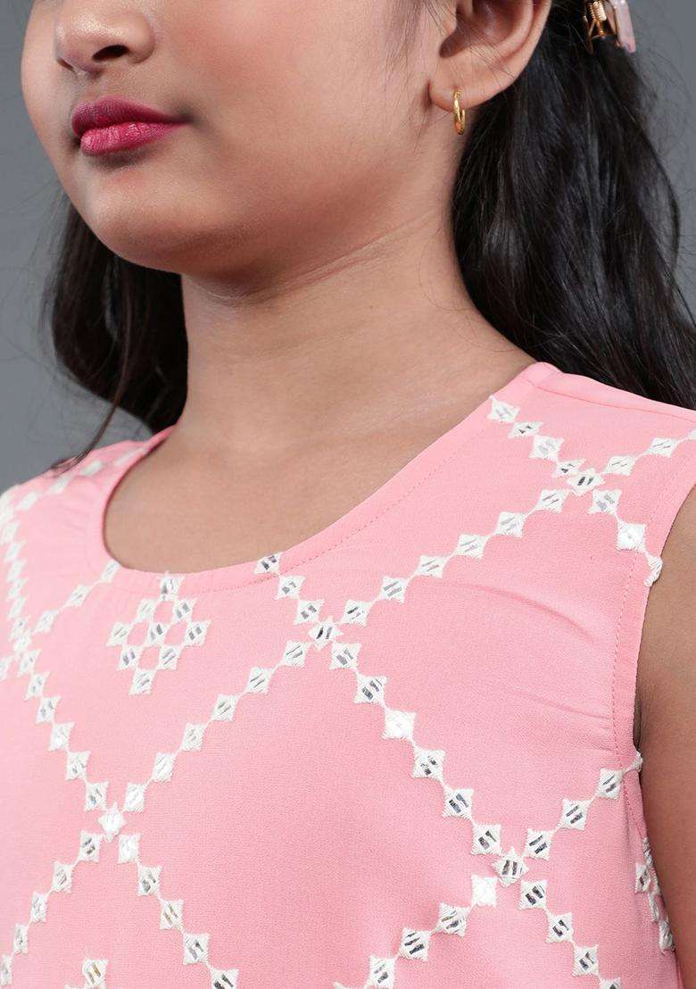 Pink Embroidered Georgette Kurta Set For Girls - Indya