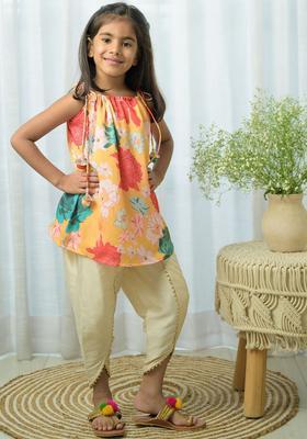 Peach Printed Satin Kurta Set For Girls