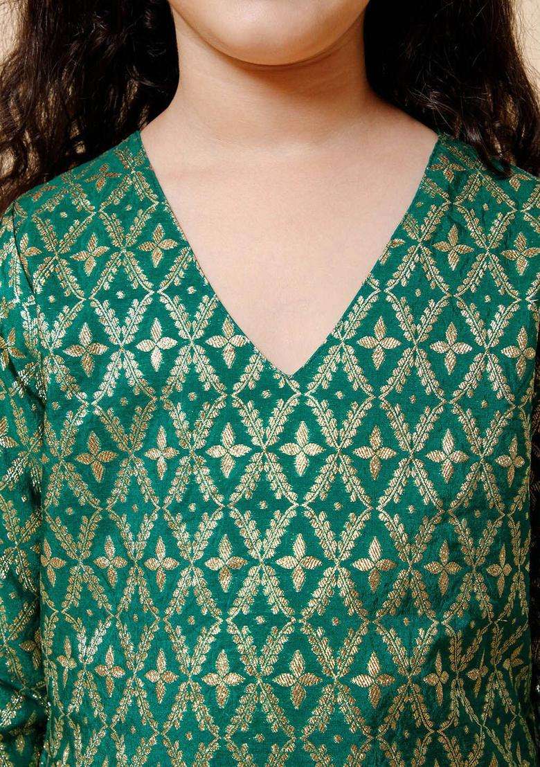 Green Woven Design Silk Kurta Set For Girls - Indya