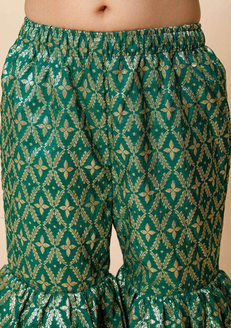 Green Woven Design Silk Kurta Set For Girls - Indya