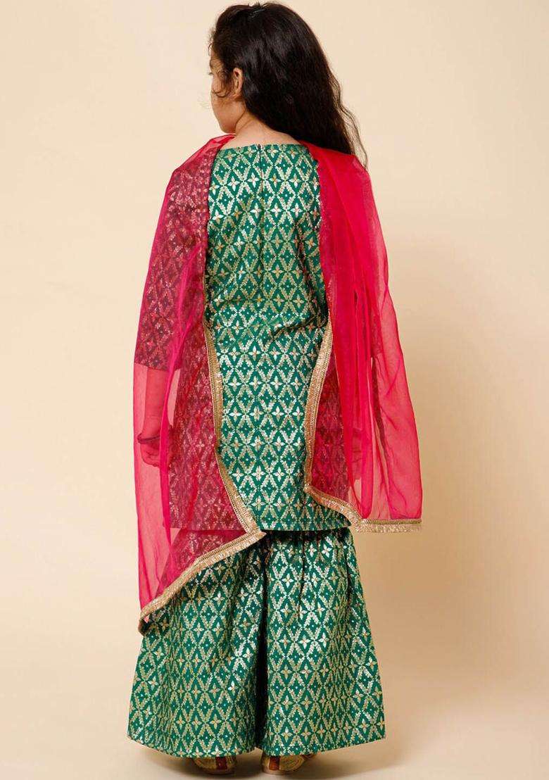 Green Woven Design Silk Kurta Set For Girls - Indya