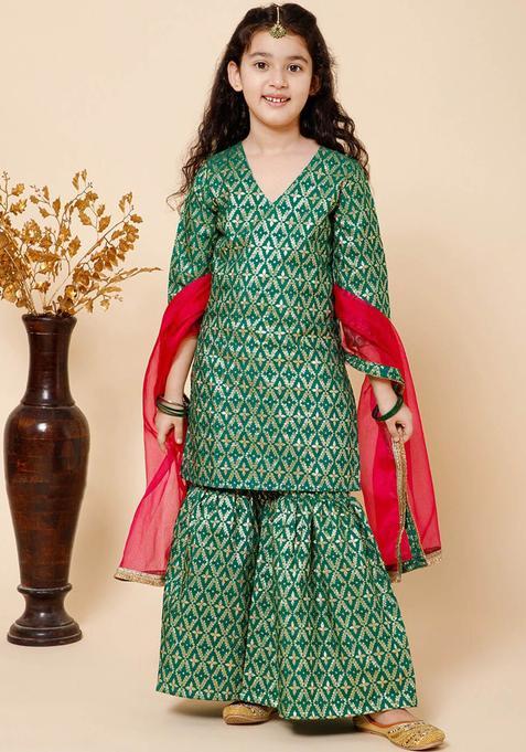 Green Woven Design Silk Kurta Set For Girls — view on Indya