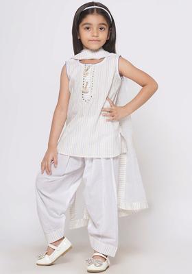 White Striped Cotton Kurta Set For Girls