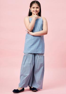 Blue Striped Cotton Kurta Set For Girls