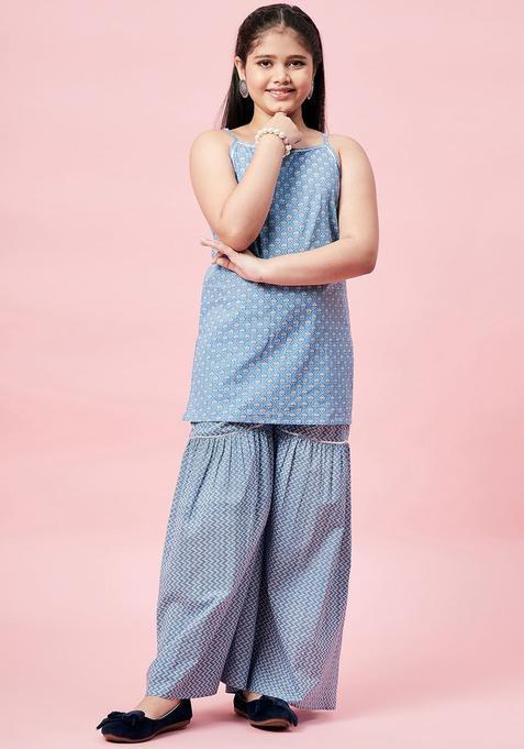 Blue Striped Cotton Kurta Set For Girls — view on Indya