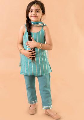Blue Striped Cotton Kurta Set For Girls