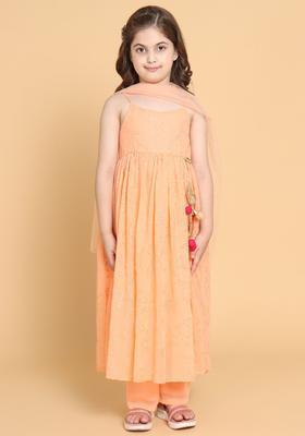 Peach Embroidered Georgette Kurta Set For Girls