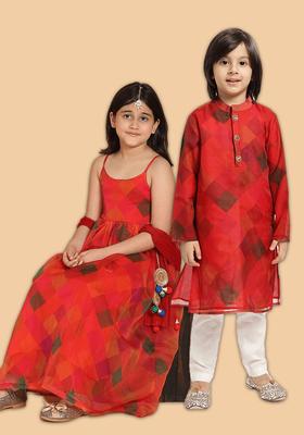 Red Printed Organza Kurta Set For Girls