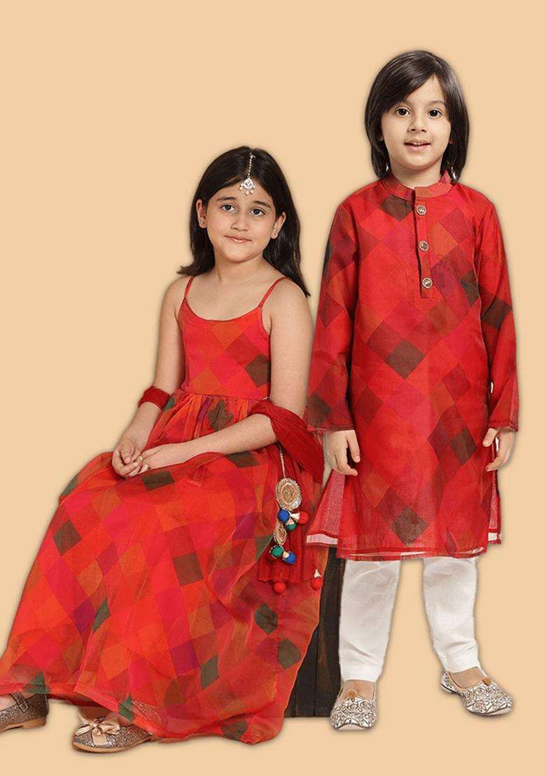 Red Printed Organza Kurta Set For Girls - Indya