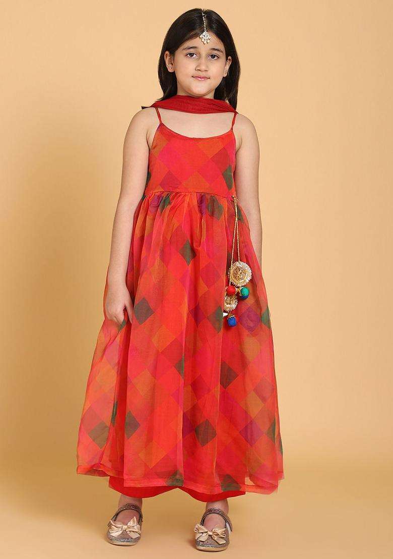 Red Printed Organza Kurta Set For Girls - Indya