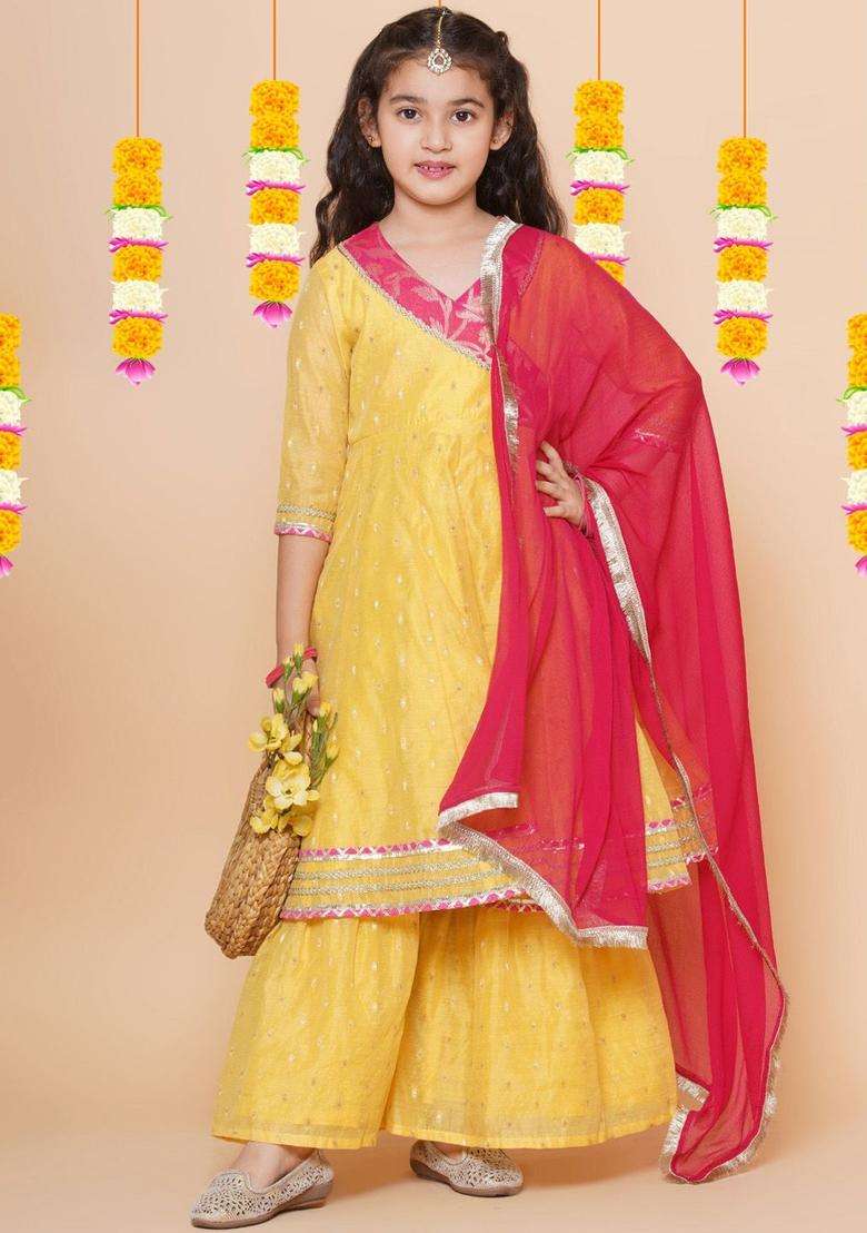 Yellow Woven Design Silk Kurta Set For Girls - Indya