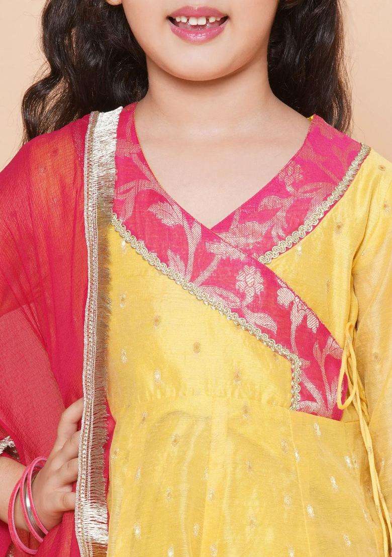 Yellow Woven Design Silk Kurta Set For Girls - Indya