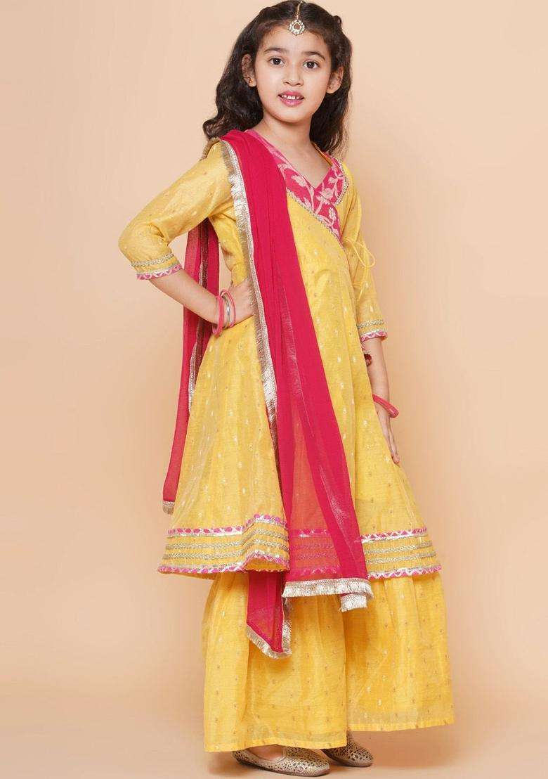 Yellow Woven Design Silk Kurta Set For Girls - Indya