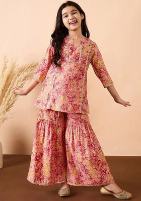 Peach Printed Cotton Kurta Set For Girls