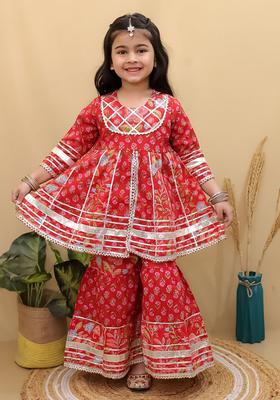 Red Printed Cotton Kurta Set For Girls