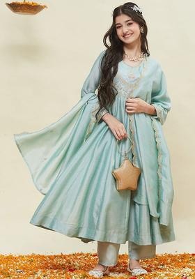 Blue Embroidered Silk Kurta Set For Girls