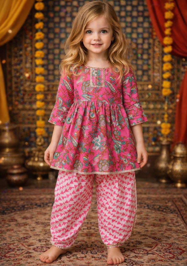 Pink Printed Cotton Kurta Set For Girls - Indya