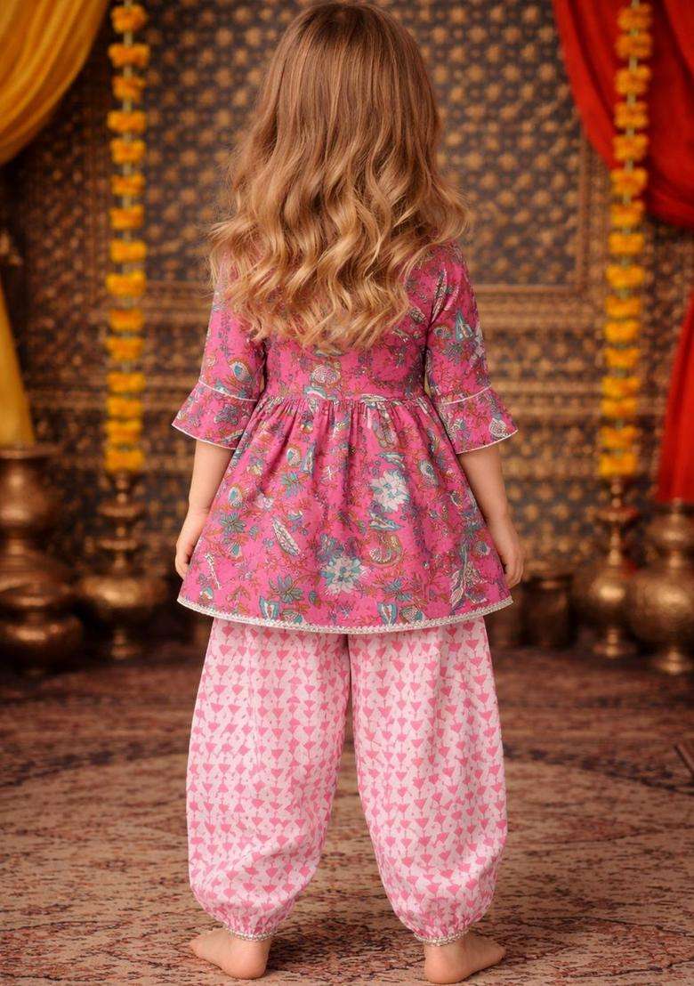 Pink Printed Cotton Kurta Set For Girls - Indya