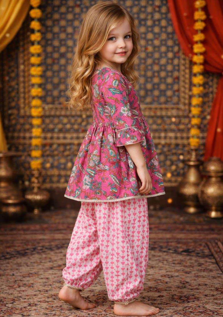 Pink Printed Cotton Kurta Set For Girls - Indya