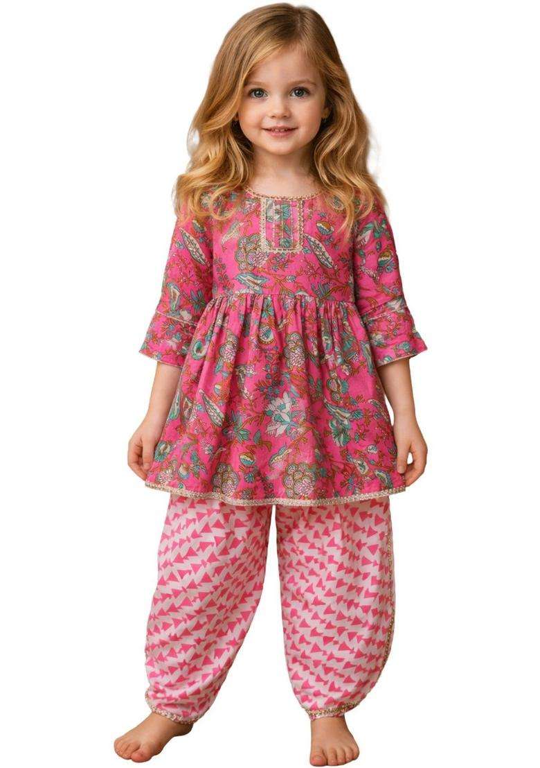 Pink Printed Cotton Kurta Set For Girls - Indya