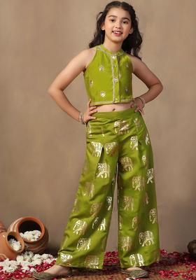 Lime Green Embroidered Silk Kurta Set For Girls