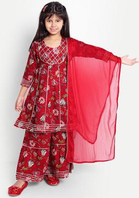 Red Printed Cotton Kurta Set For Girls