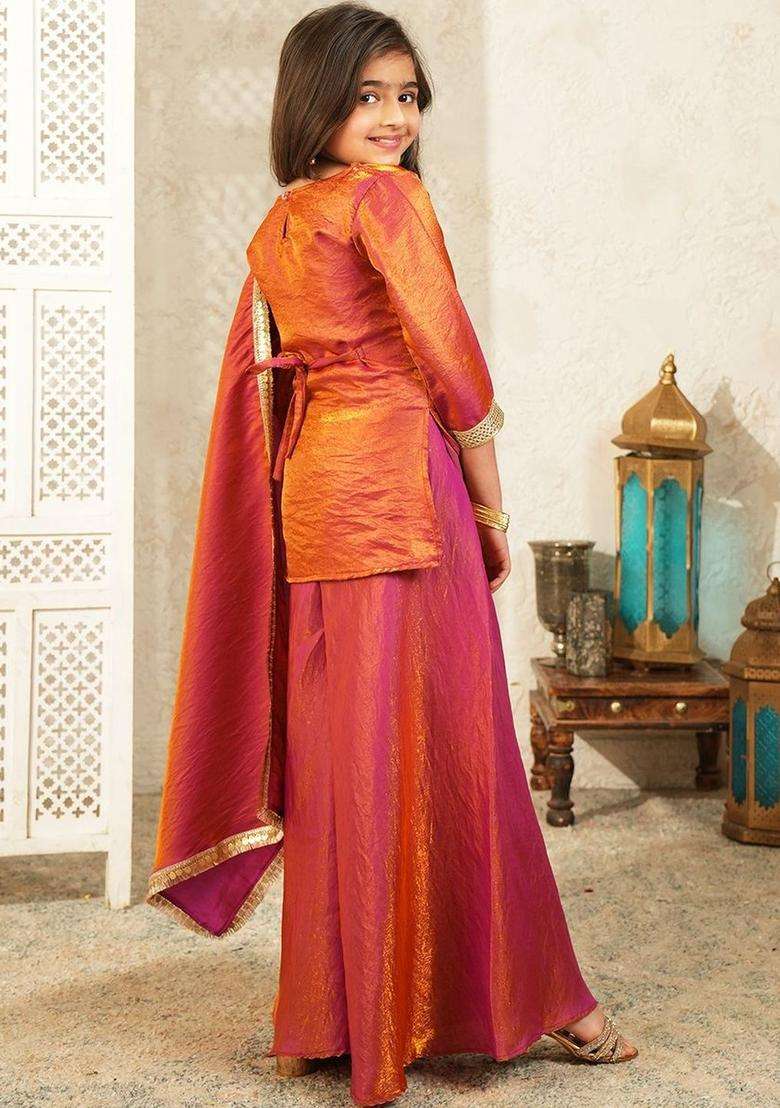 Red Solid Silk Kurta Set For Girls - Indya