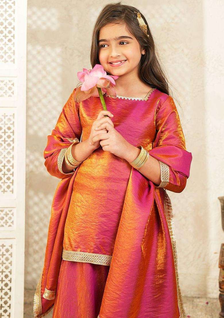 Red Solid Silk Kurta Set For Girls - Indya