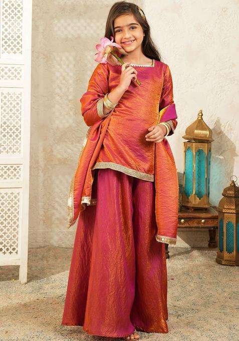 Red Solid Silk Kurta Set For Girls