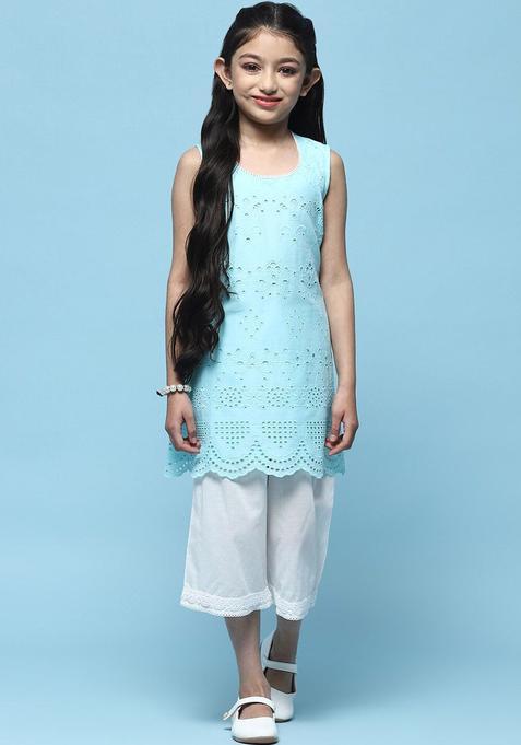 Blue Self Design Cotton Kurta Set For Girls — view on Indya