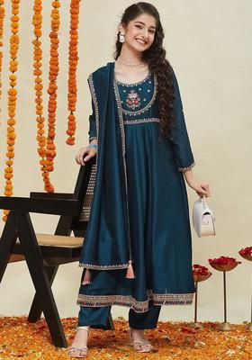 Navy Blue Embroidered Silk Kurta Set For Girls