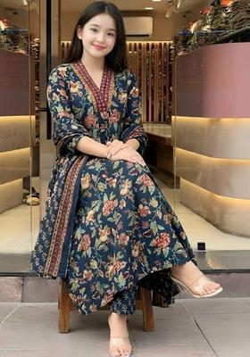 Navy Blue Printed Silk Kurta Set For Girls