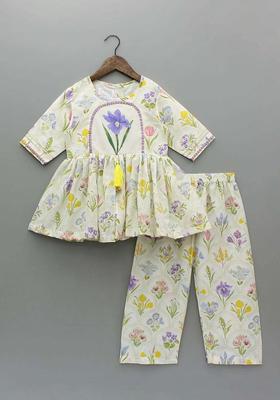 Off White Printed Polyester Kurta Set For Girls