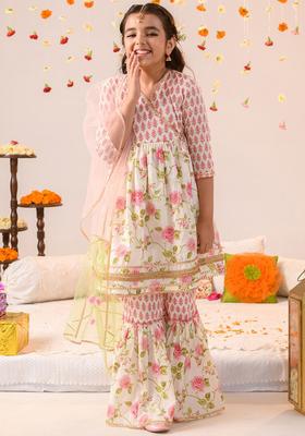 Off White Printed Cotton Kurta Set For Girls
