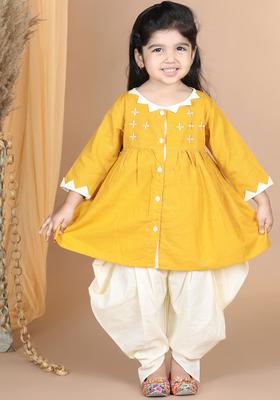 Yellow Embroidered Cotton Kurta Set For Girls