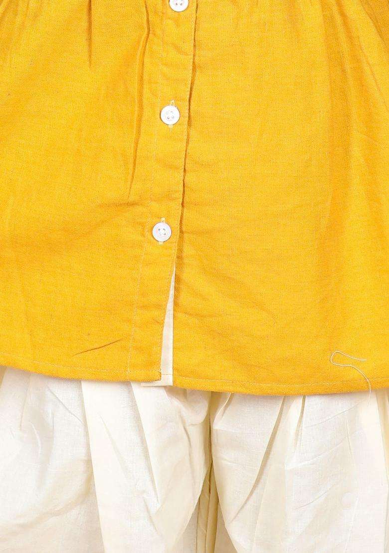 Yellow Embroidered Cotton Kurta Set For Girls - Indya