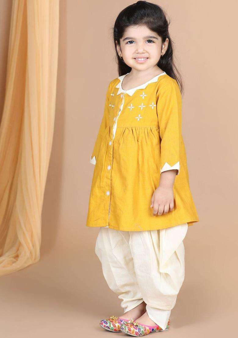 Yellow Embroidered Cotton Kurta Set For Girls - Indya