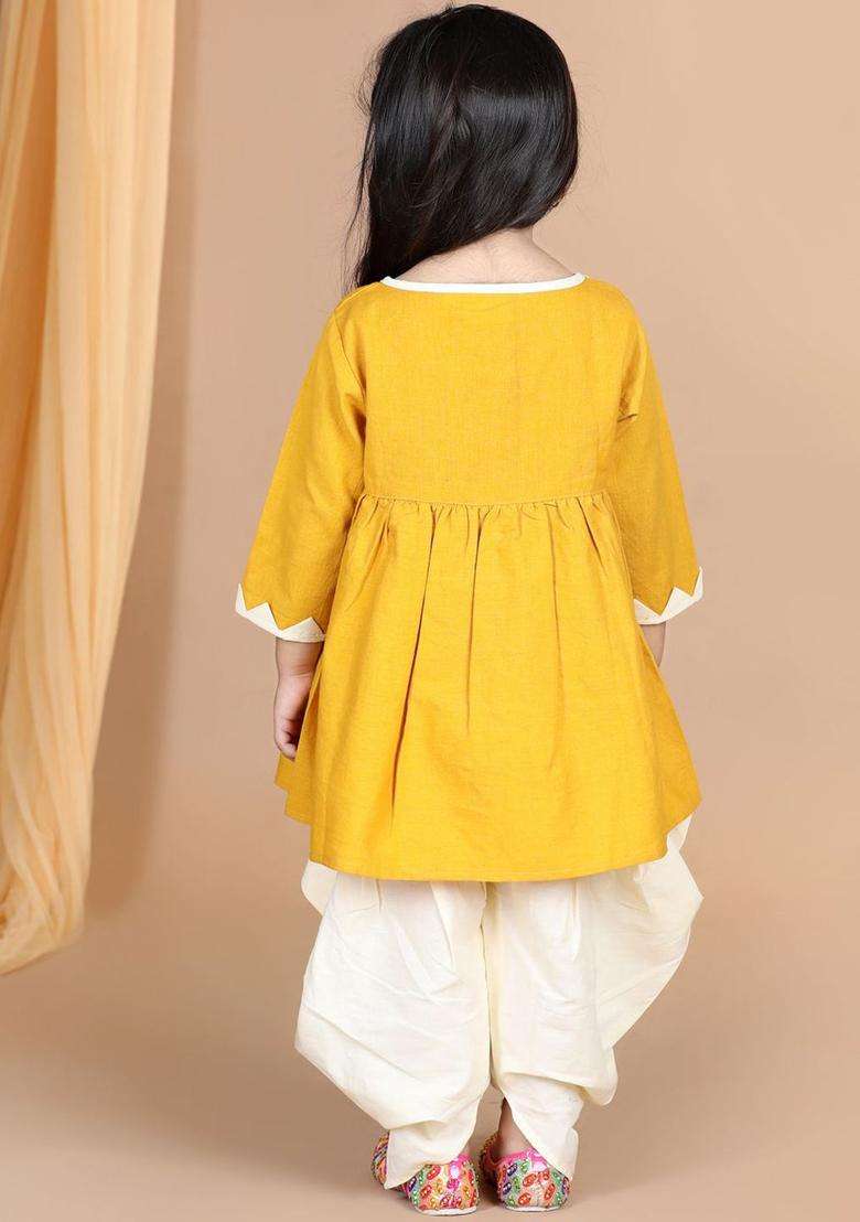 Yellow Embroidered Cotton Kurta Set For Girls - Indya