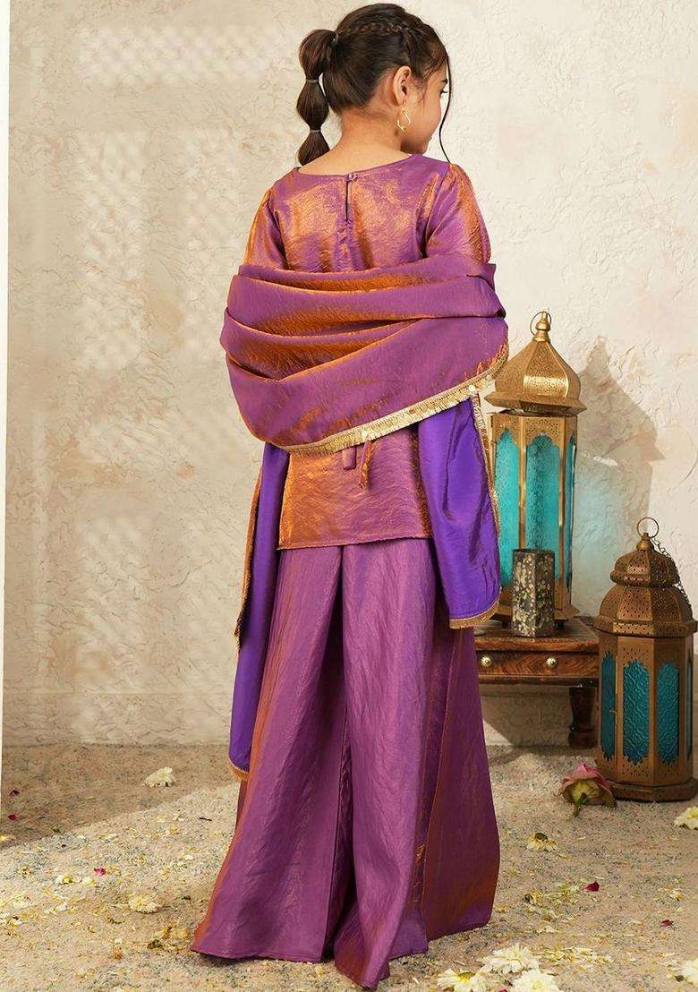 Purple Solid Silk Kurta Set For Girls - Indya