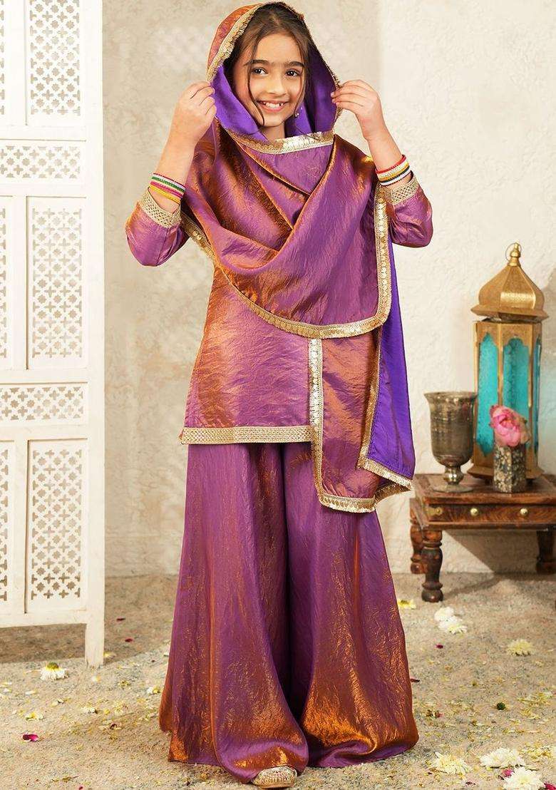 Purple Solid Silk Kurta Set For Girls - Indya