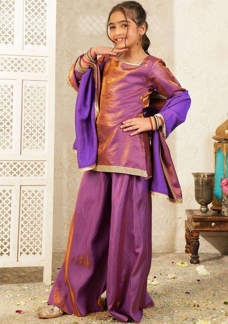 Purple Solid Silk Kurta Set For Girls - Indya