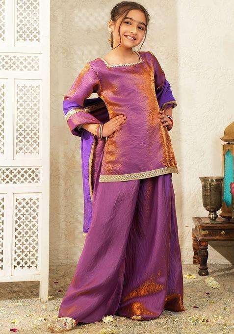Purple Solid Silk Kurta Set For Girls